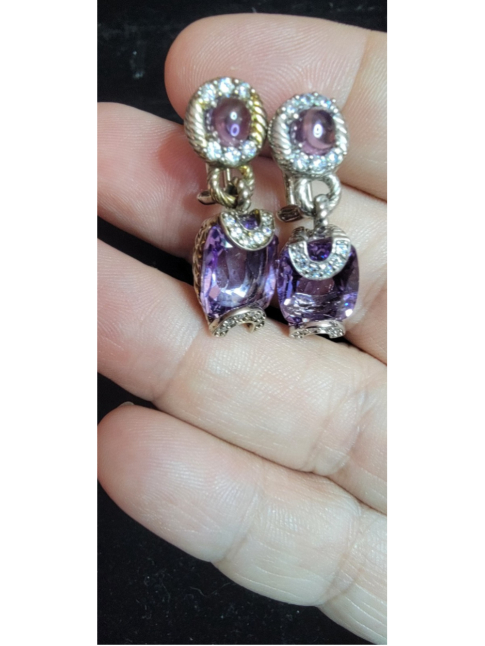 Judith Ripka 925 Sterling Silver Amethyst Omega Back Dangle Earrings Signed 35